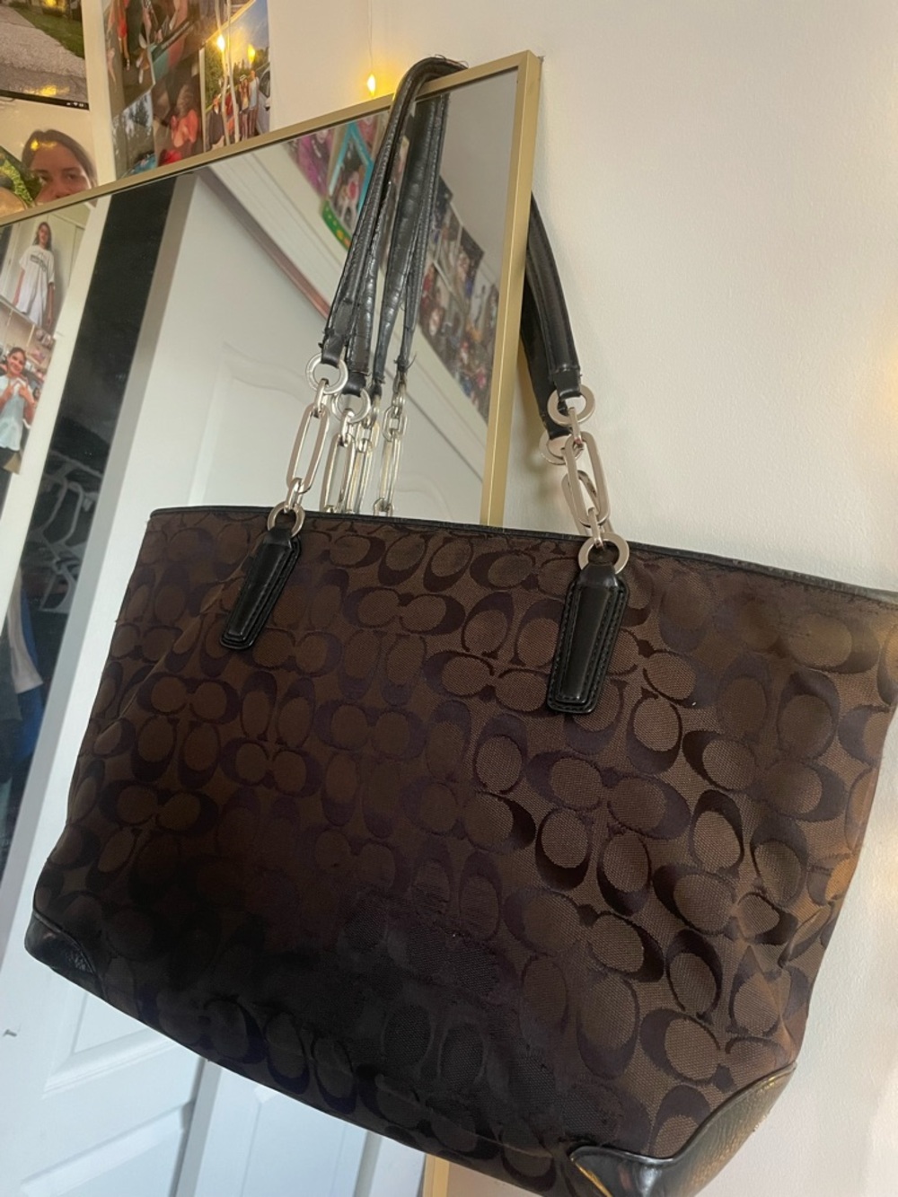 Brown Signature Tote Bag with Leather Trim